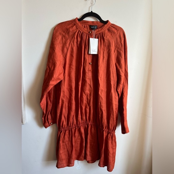 NWT Agnes B. paris 100% Linen Burnt Orange Long Sleeve Dress 10 US/ 42 EU - Picture 1 of 10
